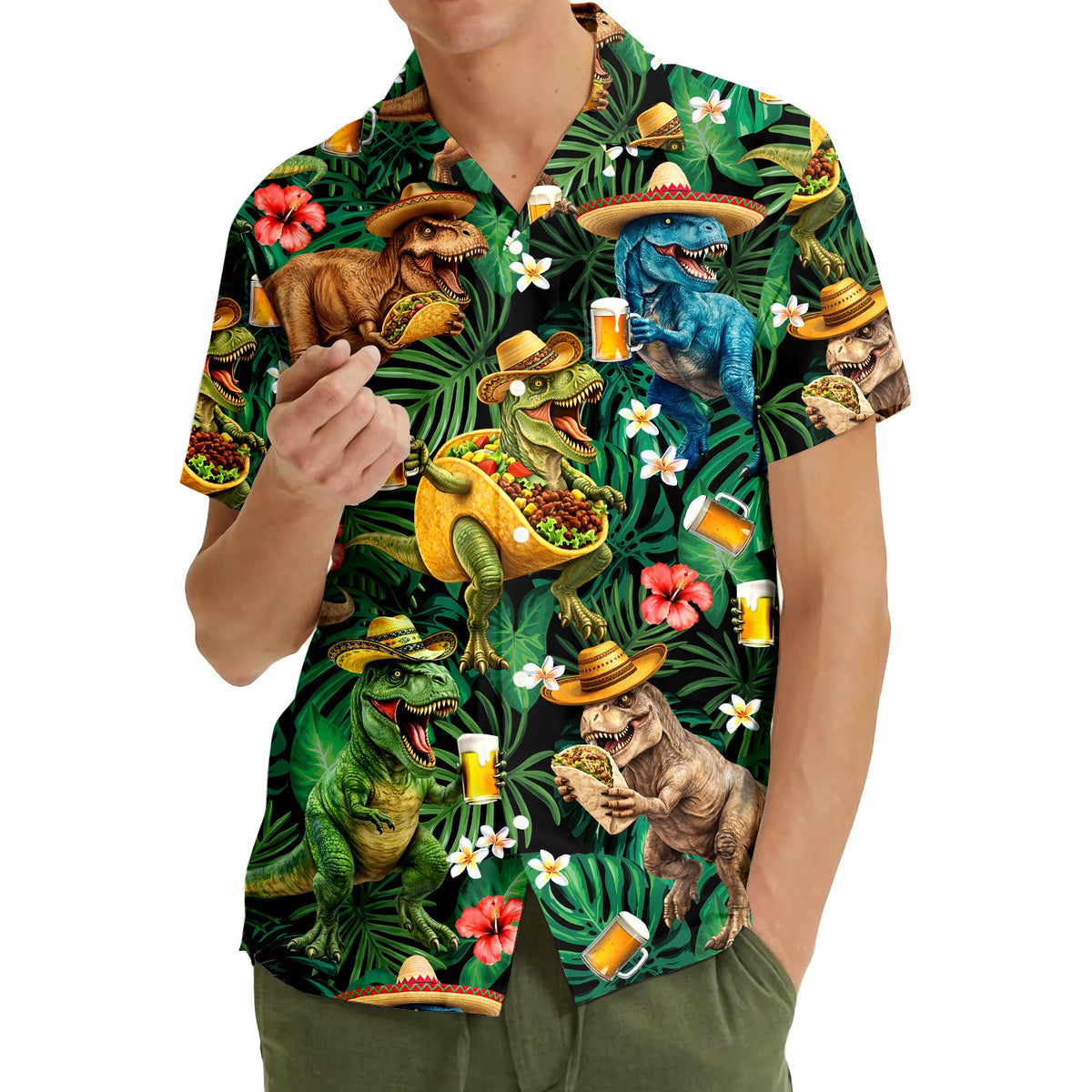 Second lifestyle shot of the matching family hawaiian shirts showing the fun dinosaur and taco design