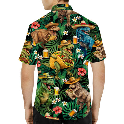 Third lifestyle view showing the tropical leaf and red hibiscus flower pattern on the dinosaur hawaiian shirt