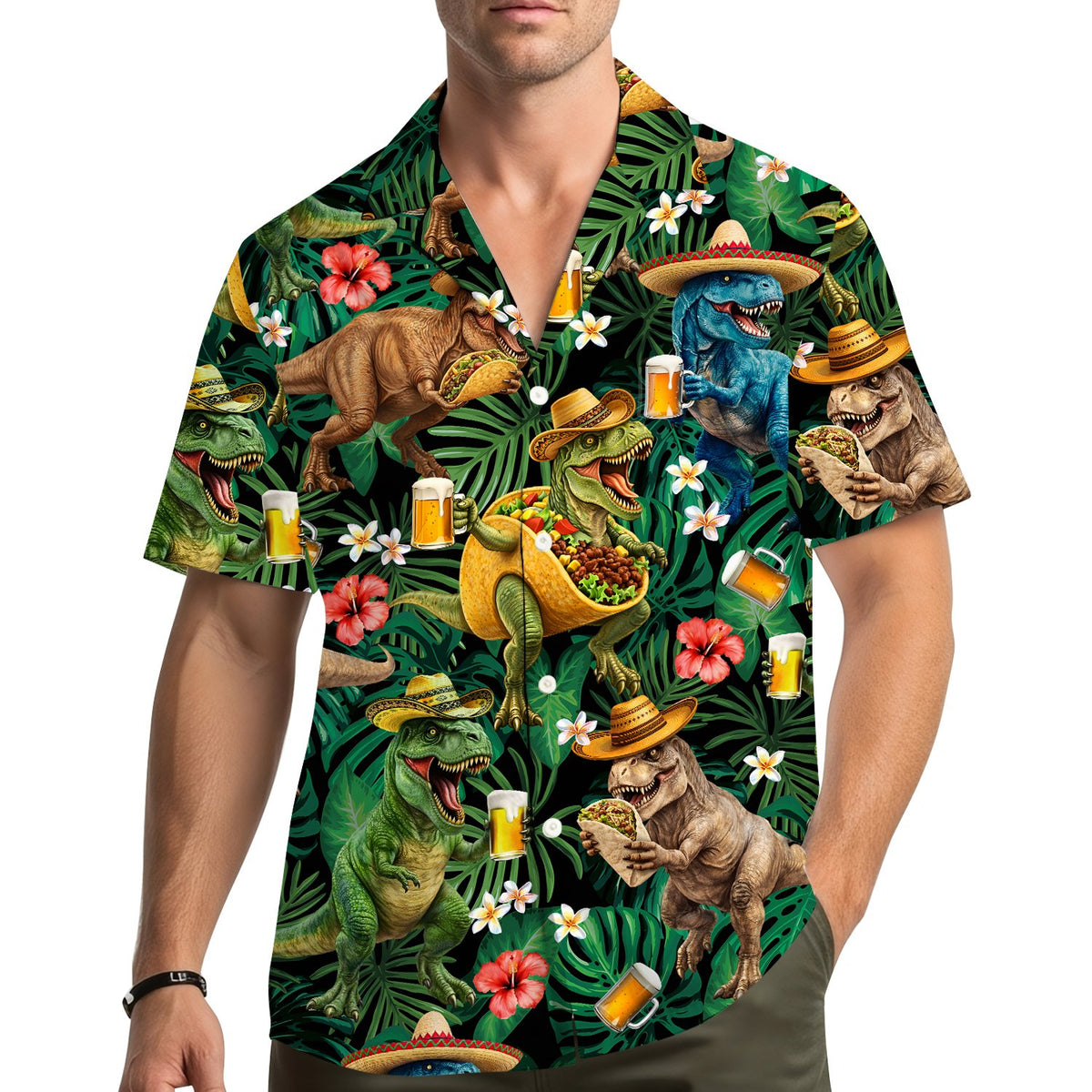 Lifestyle image of an adult wearing the dinosaurs, tacos, beer, tropical hawaiian shirt outdoors