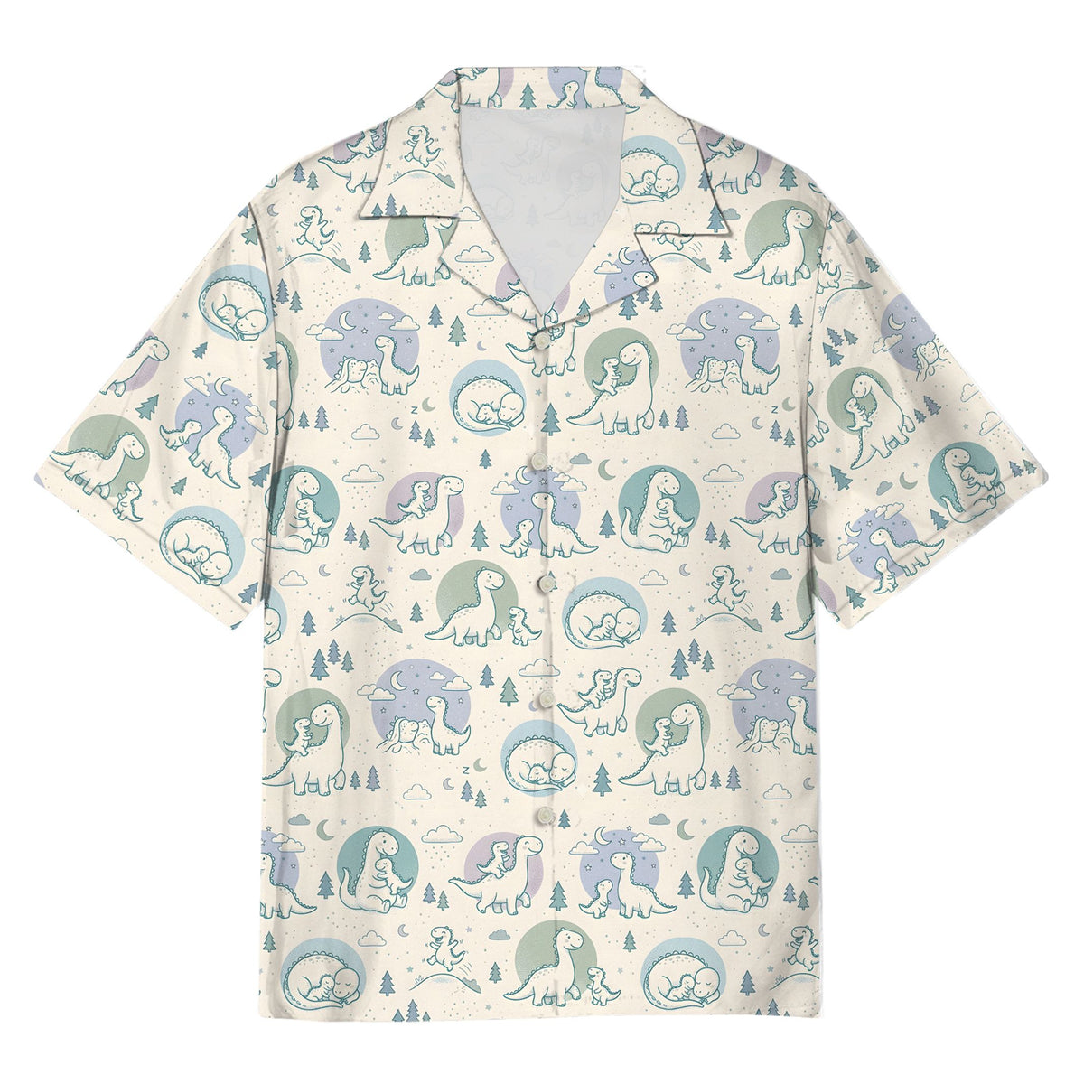 White dinosaurs hawaiian shirt with cartoon pattern, front view