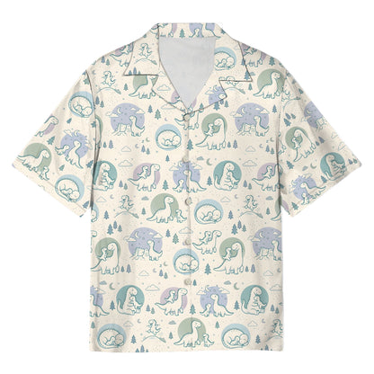 White dinosaurs hawaiian shirt with cartoon pattern, front view