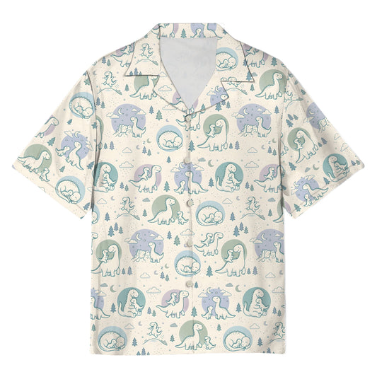 White dinosaurs hawaiian shirt with cartoon pattern, front view