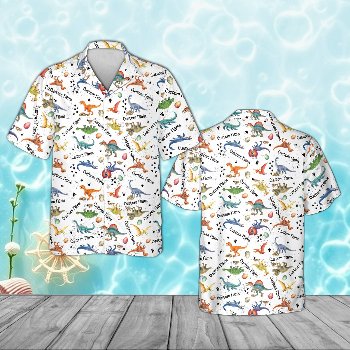Kids dinosaurs hawaiian shirt with custom name featuring colorful cartoon dinos on a white background, front view