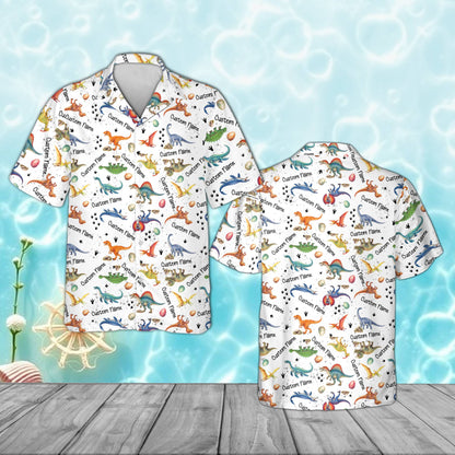 Kids dinosaurs hawaiian shirt with custom name featuring colorful cartoon dinos on a white background, front view