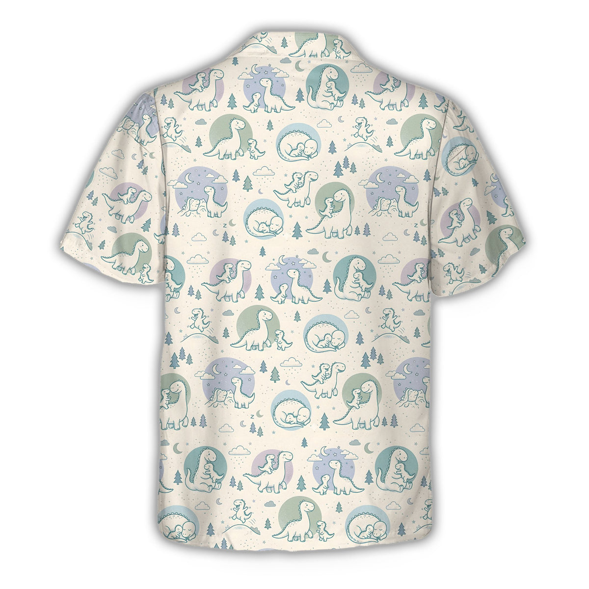 Adult wearing a white dinosaurs hawaiian shirt outdoors, lifestyle view