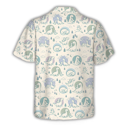 Adult wearing a white dinosaurs hawaiian shirt outdoors, lifestyle view