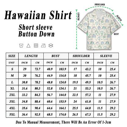Back view of the white dinosaurs hawaiian shirt on an adult