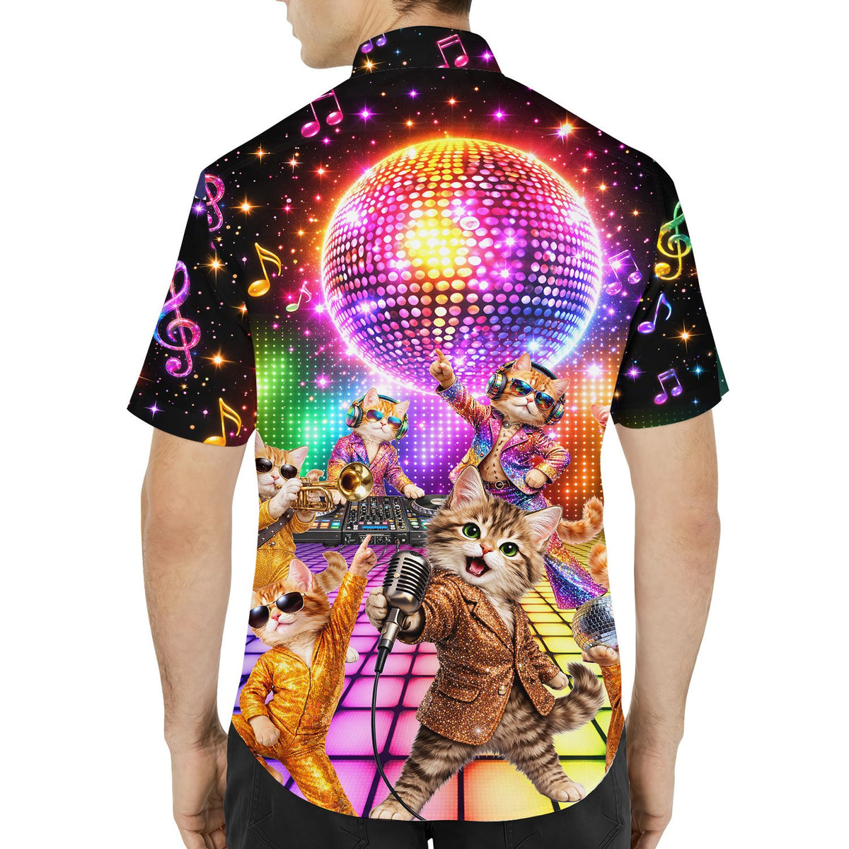 Matching family hawaiian shirts with disco cats design, back view