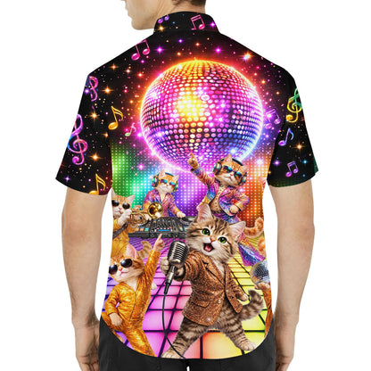 Matching family hawaiian shirts with disco cats design, back view