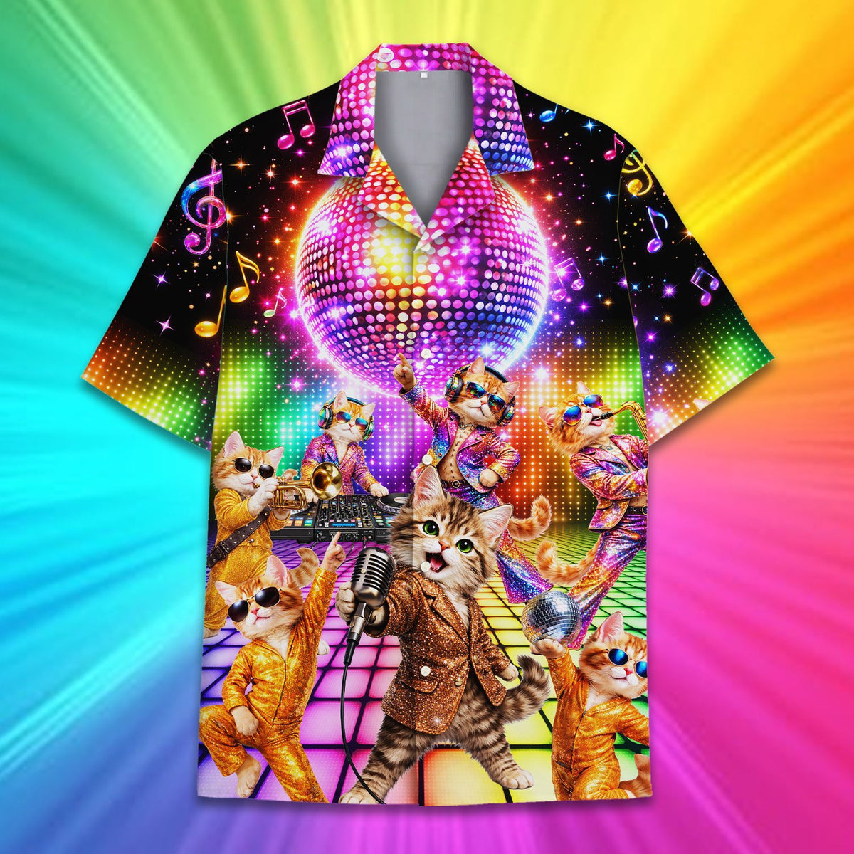 Multicolor disco cats hawaiian shirt for family, front view 2