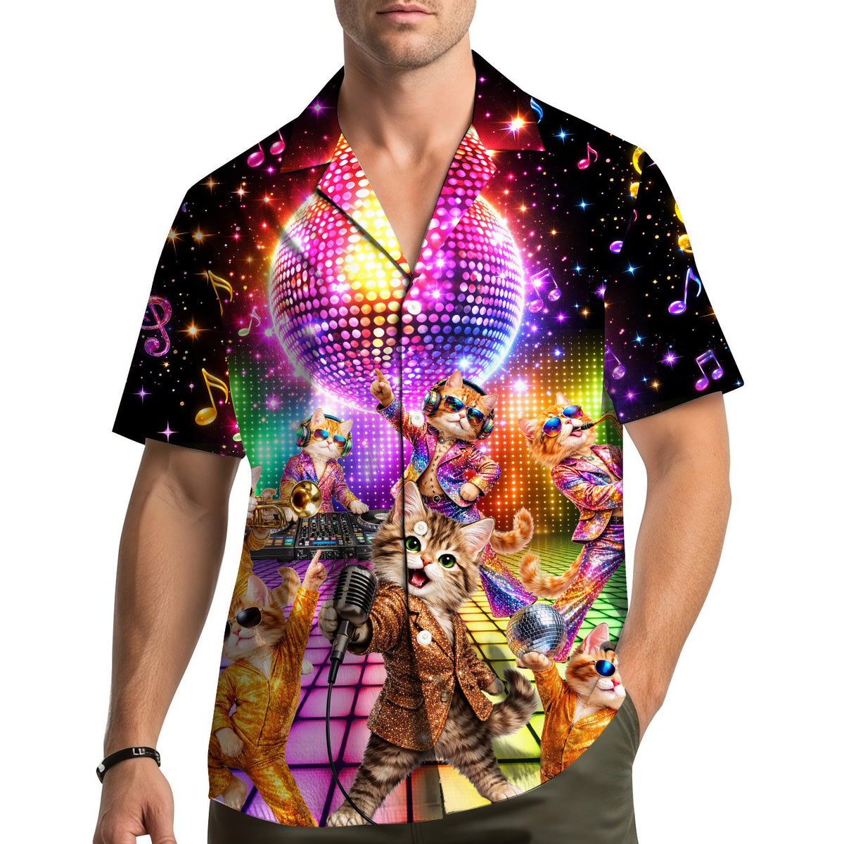 Multicolor disco hawaiian shirt party scene, front view 5
