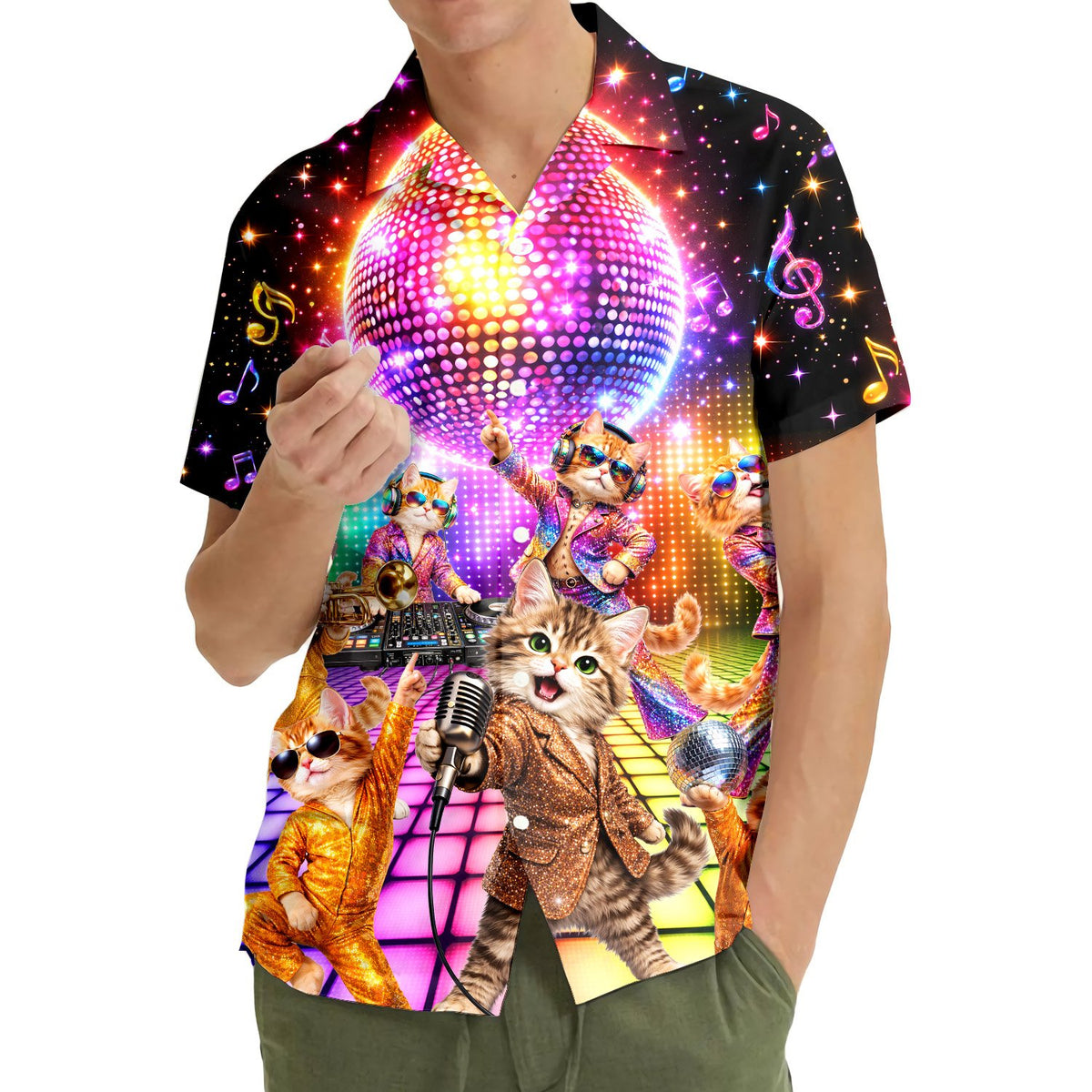 Multicolor disco hawaiian shirt featuring musical cats, main view