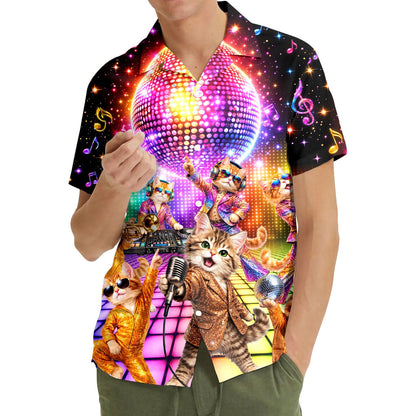 Multicolor disco hawaiian shirt featuring musical cats, main view