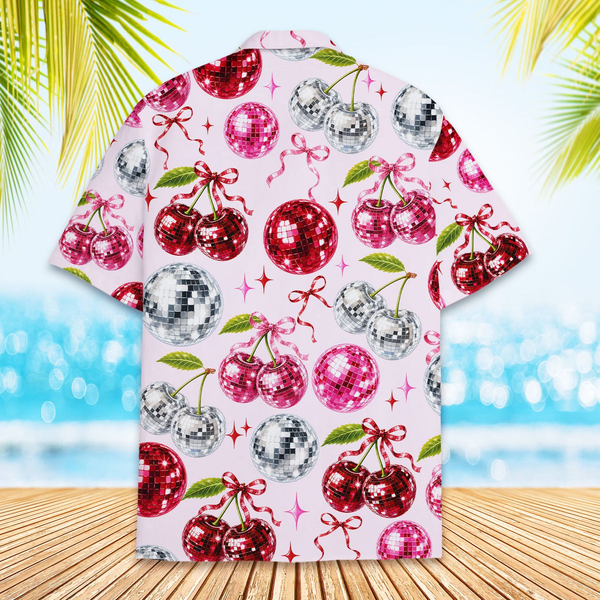 Detailed back view of the disco cherries hawaiian shirt pattern