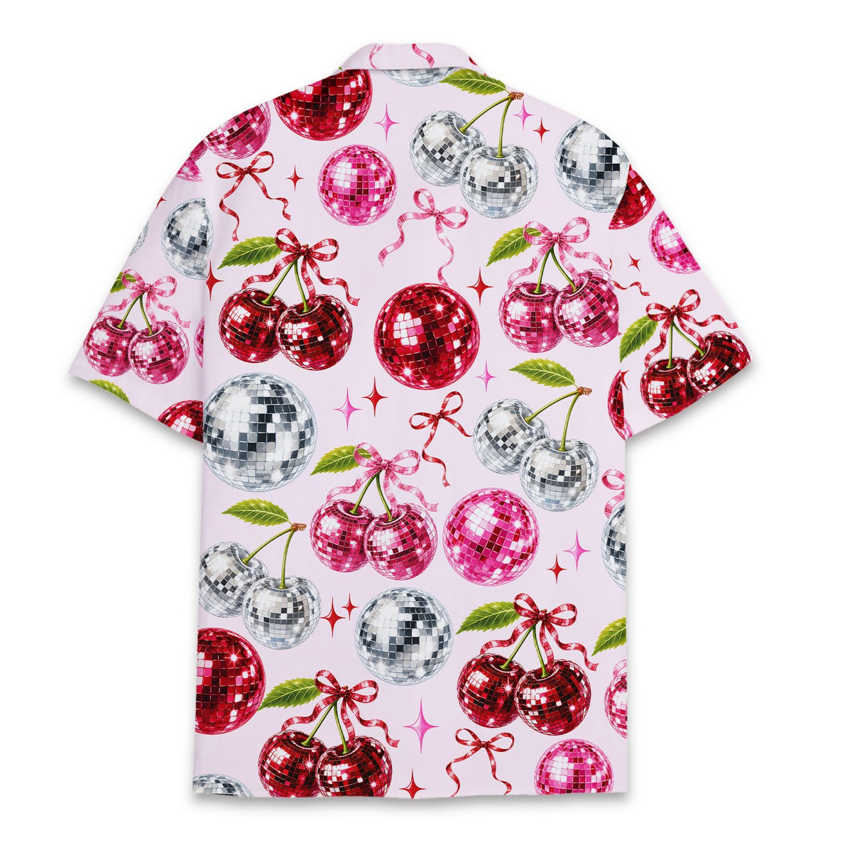 Back view of the matching family hawaiian shirt in pink with disco cherries