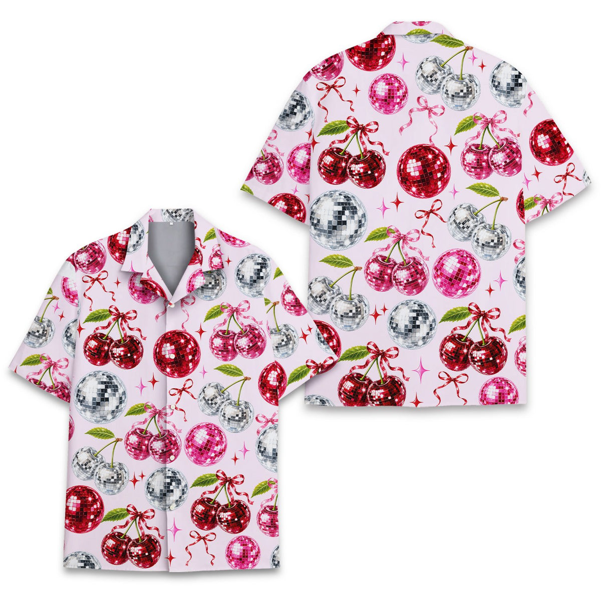 Close-up front view of the disco cherries hawaiian shirt detailing the pattern
