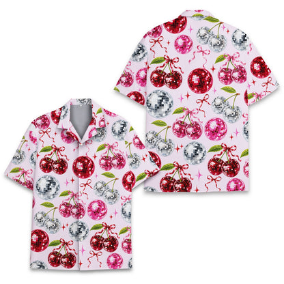 Close-up front view of the disco cherries hawaiian shirt detailing the pattern