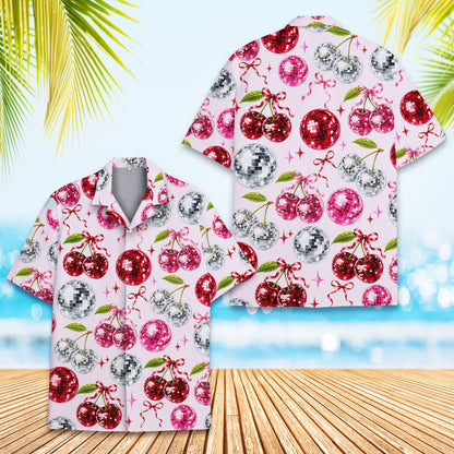 Detailed front view showing the collar and button area of the disco cherries hawaiian shirt