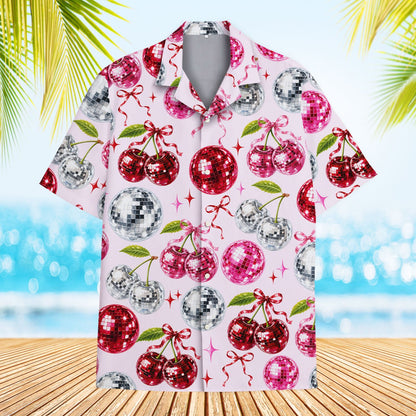 Front view of the adult disco cherries hawaiian shirt