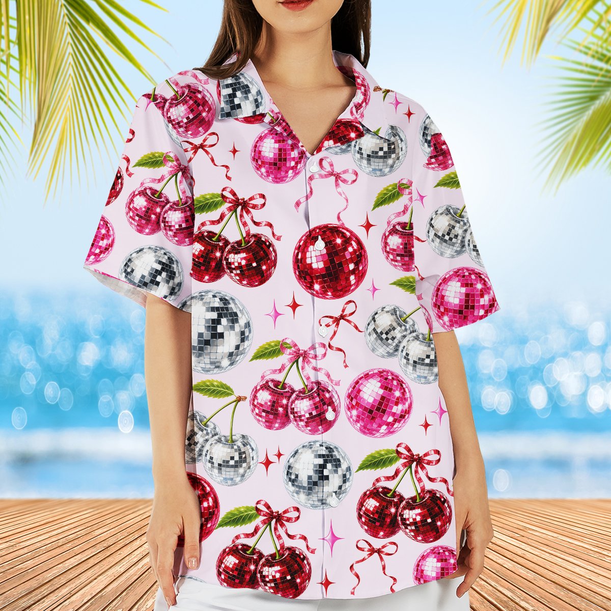Second lifestyle view showcasing the disco cherries hawaiian shirt on a model