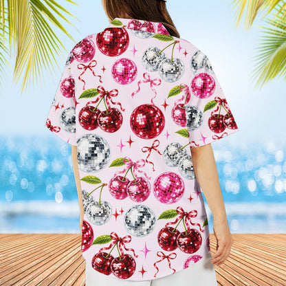 Fourth lifestyle view highlighting the fit of the disco cherries hawaiian shirt
