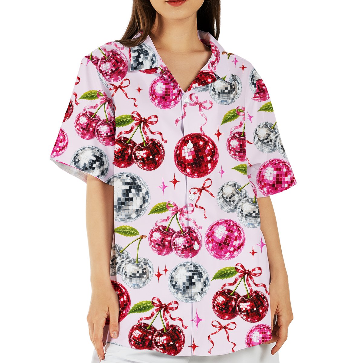 Lifestyle view of a person wearing the matching family hawaiian shirt with disco cherries