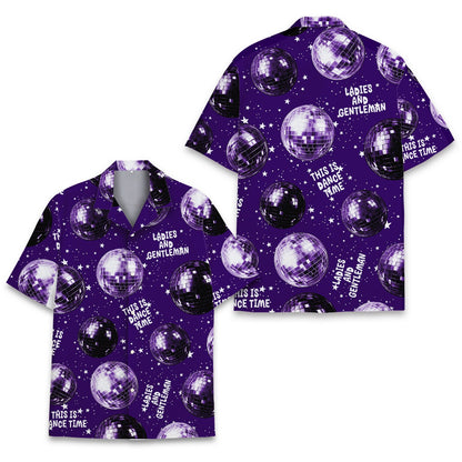 Close up front view of the disco ball and star pattern on the purple hawaiian shirt