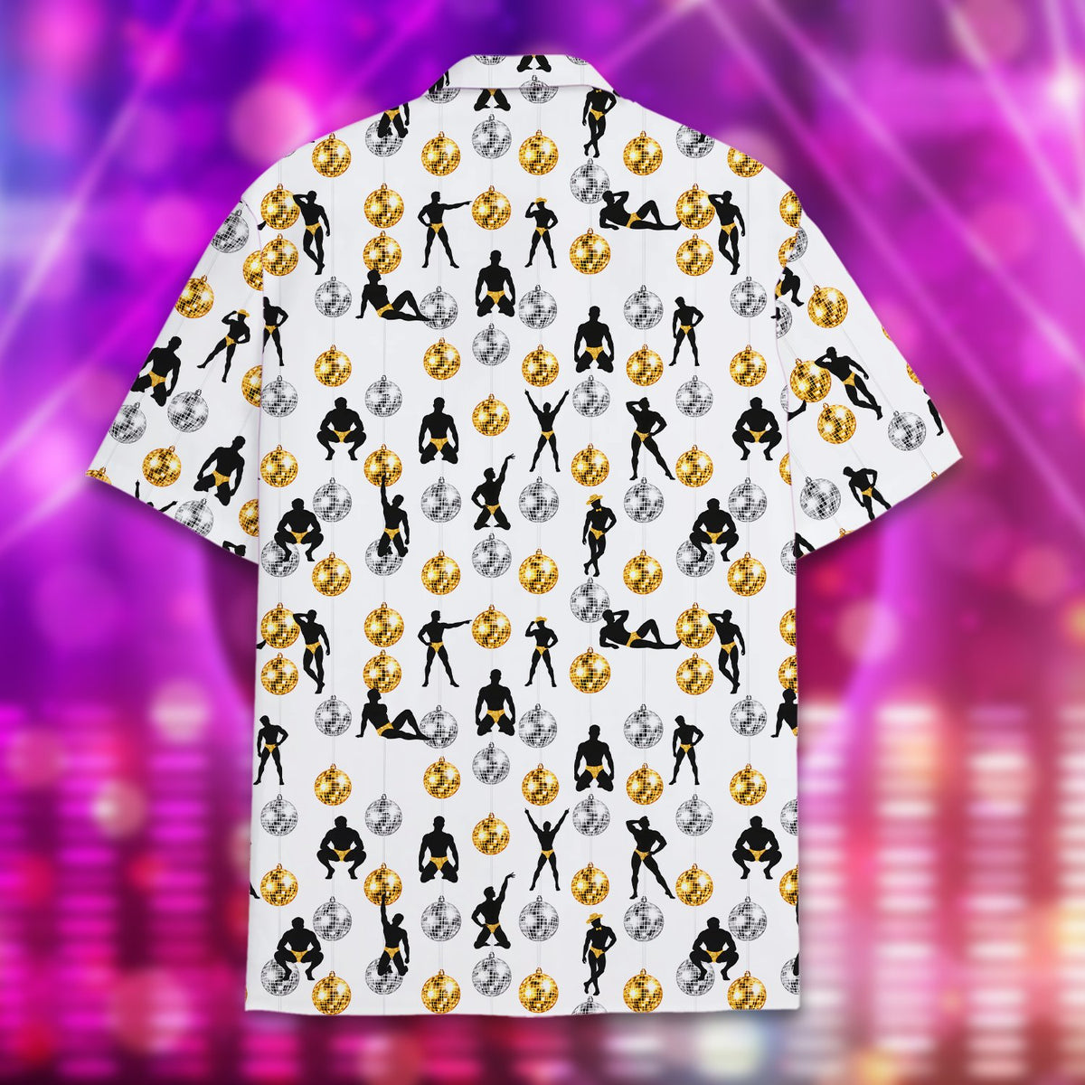 Close up back view of the disco men matching family hawaiian shirt