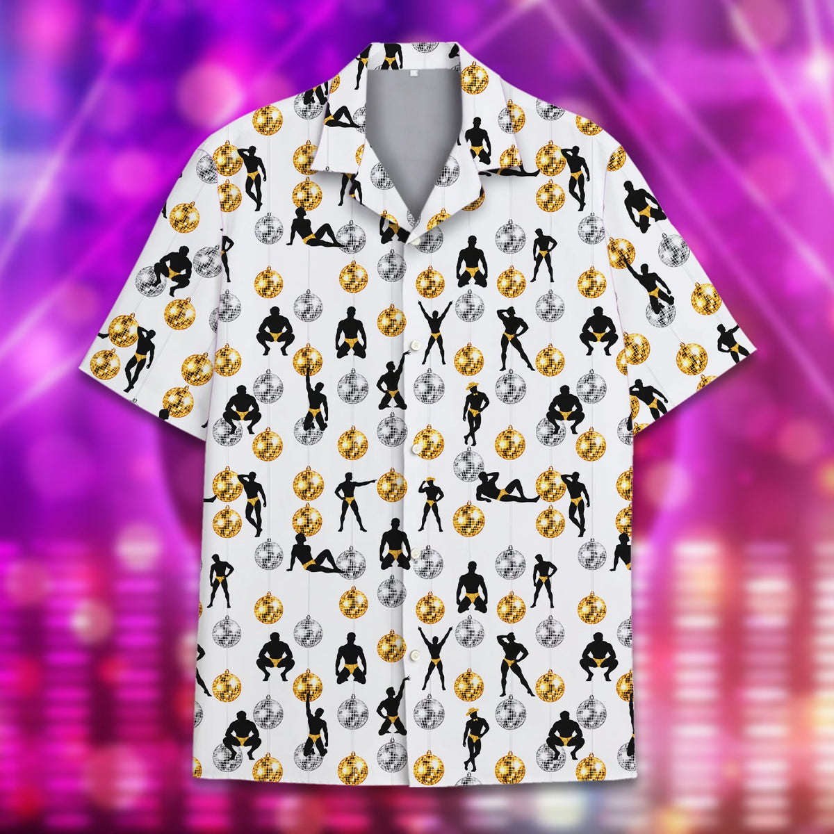 Close up of the front of the disco men hawaiian shirt