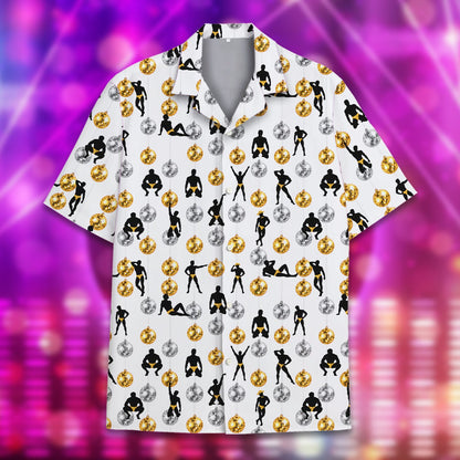 Close up of the front of the disco men hawaiian shirt
