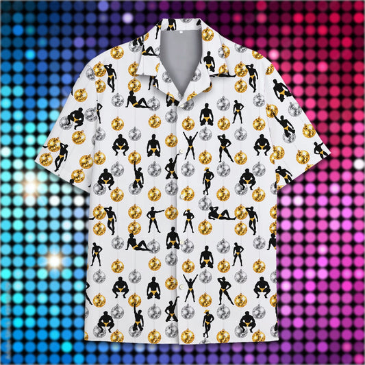 White hawaiian t shirt for men with black muscular silhouettes and disco balls, main view