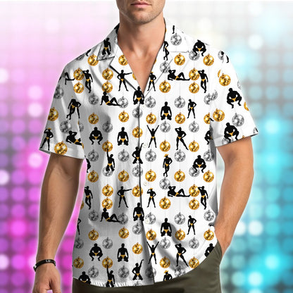 Another lifestyle view of the disco men hawaiian shirt on a model