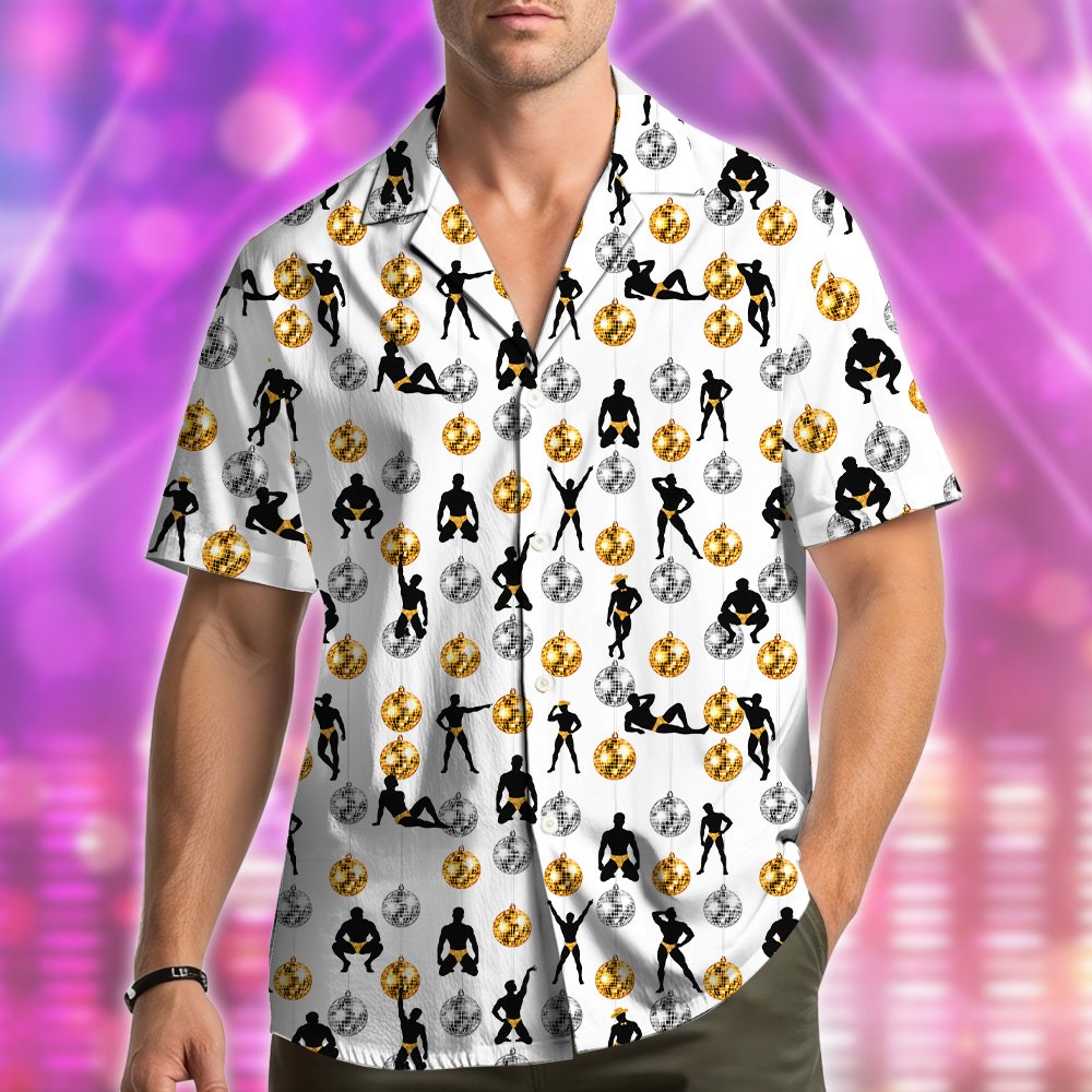 Model wearing the matching family hawaiian shirt in a fun party setting