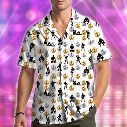 Model wearing the matching family hawaiian shirt in a fun party setting