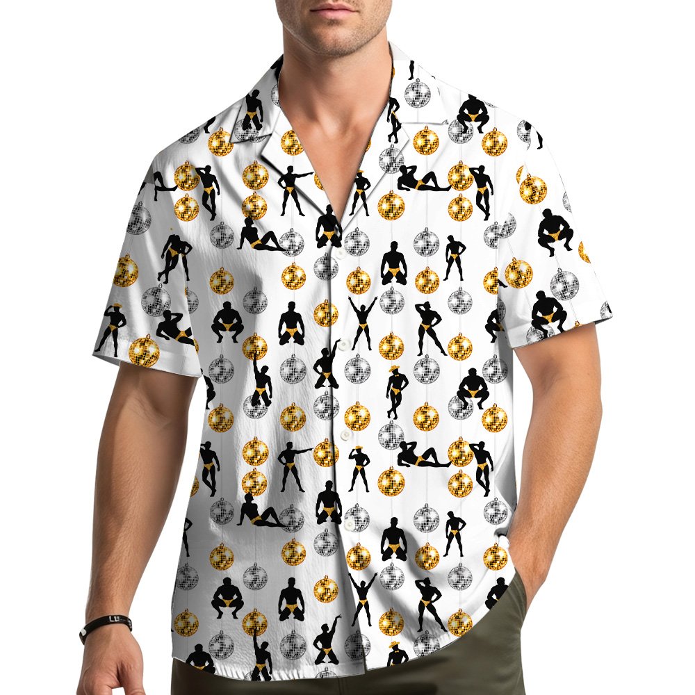 Man wearing the disco men hawaiian shirt in a lifestyle setting