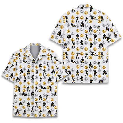 Detailed view of the disco ball and silhouette pattern on the shirt