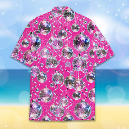 Back view of the matching family hawaiian shirts in pink disco design
