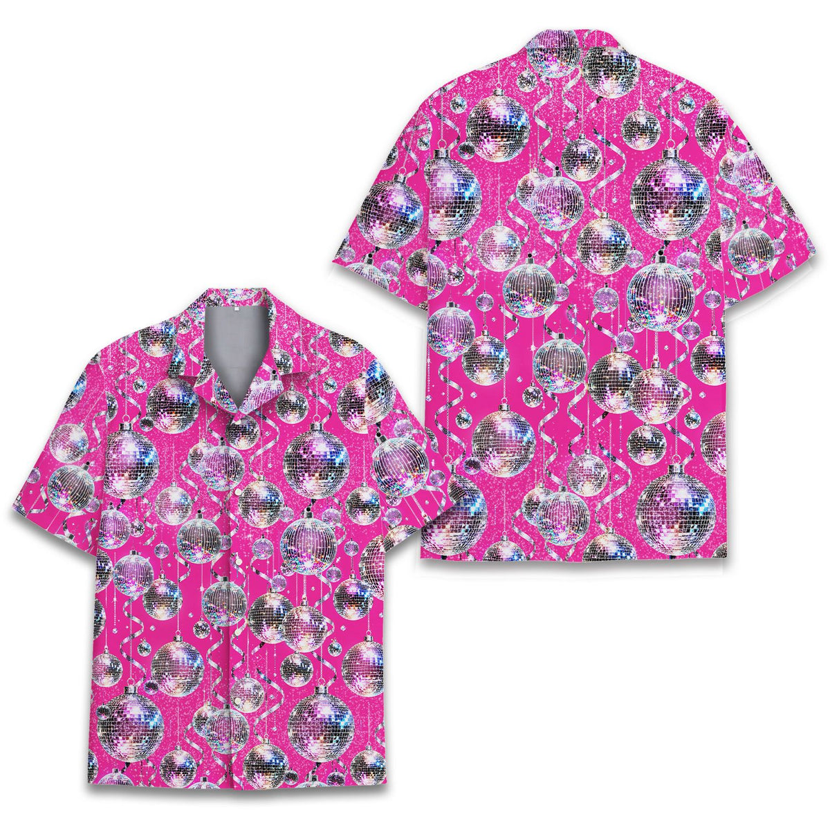 Front flat lay view of the pink and silver disco hawaiian shirt