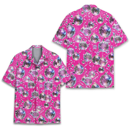 Front flat lay view of the pink and silver disco hawaiian shirt