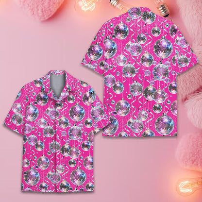 Front view of the pink disco hawaiian shirt on hanger