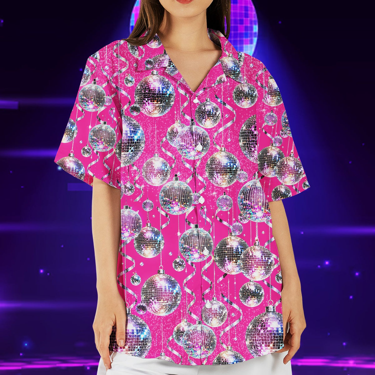 Third lifestyle view showing the disco hawaiian shirt in action