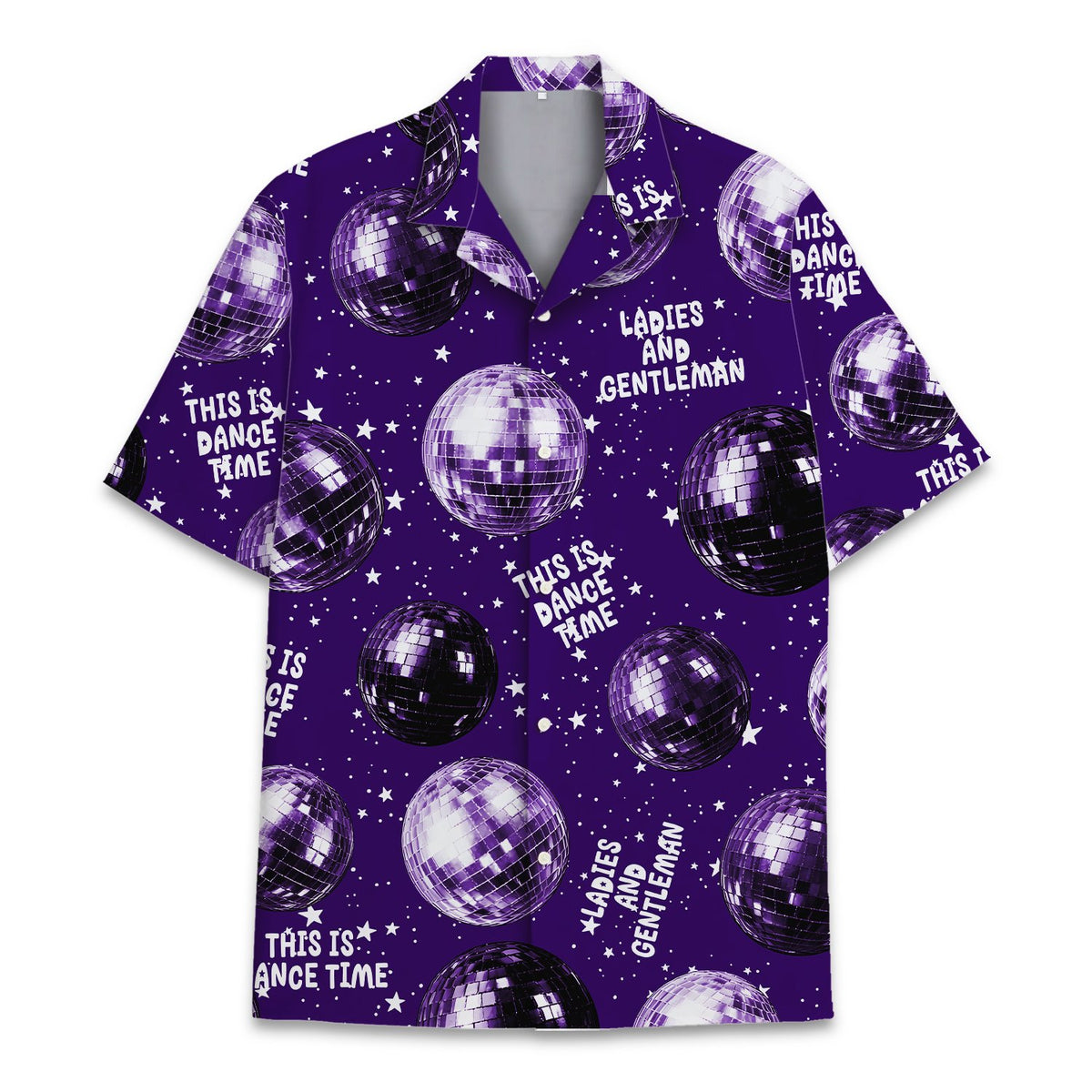 Front view of the purple disco hawaiian shirt for matching family outfits