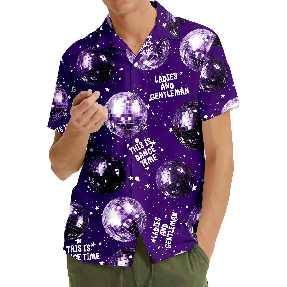 Second lifestyle view of the purple disco hawaiian shirt in a casual setting