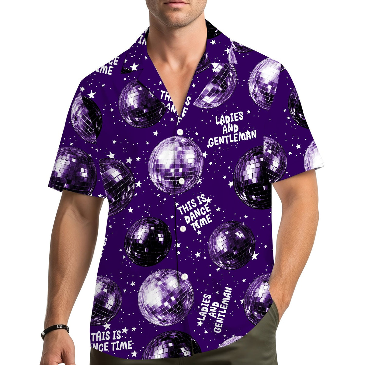 Lifestyle view of an adult wearing the matching family hawaiian shirt with disco design
