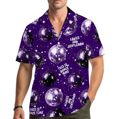 Lifestyle view of an adult wearing the matching family hawaiian shirt with disco design