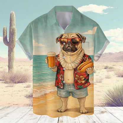 Front view of the adult hawaiian shirt with beach pug design