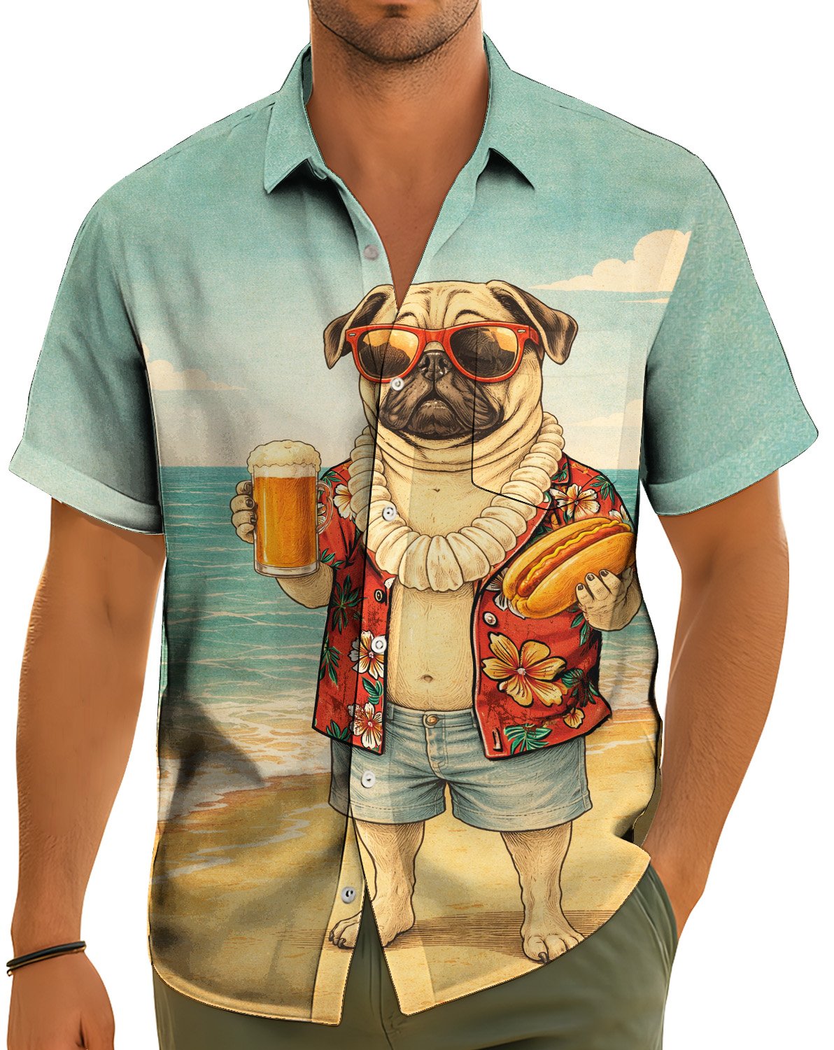 Lifestyle view of a person wearing the dog at the beach hawaiian shirt