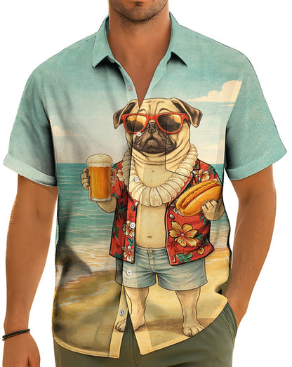 Lifestyle view of a person wearing the dog at the beach hawaiian shirt