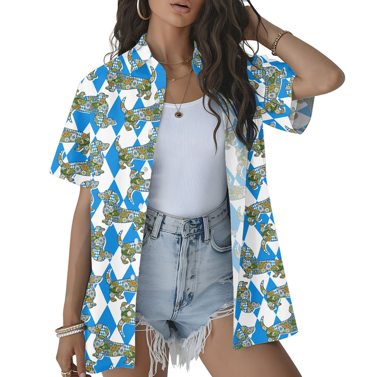 Back view of the dachshund dog hawaiian shirt with geometric pattern