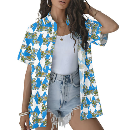 Back view of the dachshund dog hawaiian shirt with geometric pattern